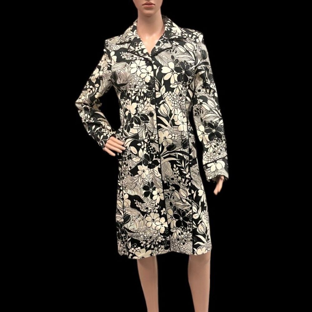 VTG Oscar De La Renta Black & Cream Floral Print Cotton Peacoat Midi Length Sz M